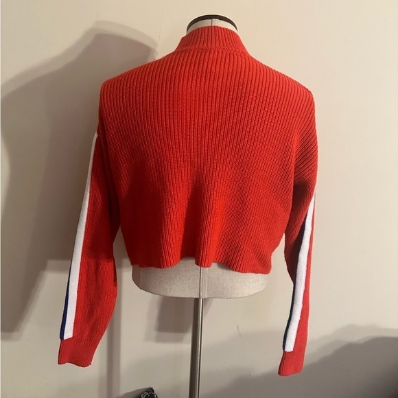 H&M Divided Bright Red Crop Turtleneck Sweater with Blue/White Sleeves - Size XS - Picture 7 of 7